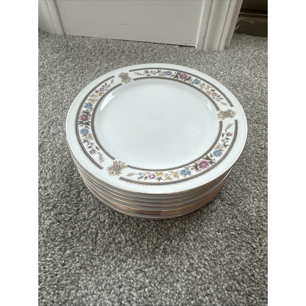 Regent China #CX183 Blue Pink Yellow Flower Salad Plate Set Of 8 Gold Trim